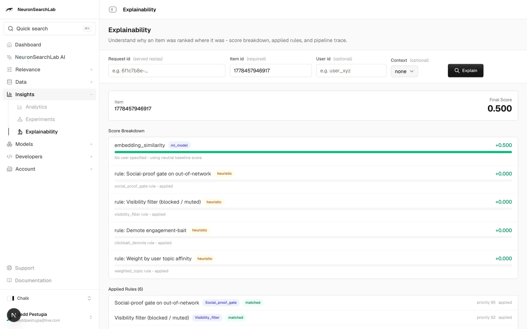 The explainability screen for a single item: the final score broken into the model similarity and each rule that moved it, with the pipeline trace beneath.