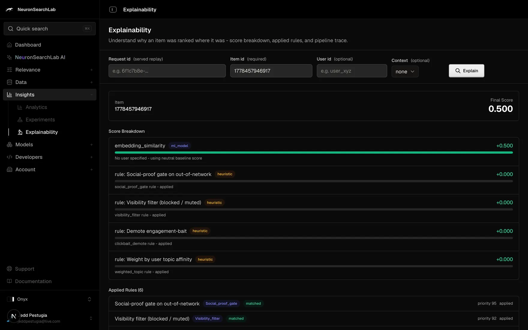 The explainability screen for a single item: the final score broken into the model similarity and each rule that moved it, with the pipeline trace beneath.