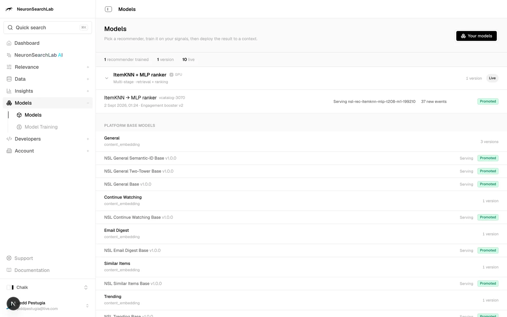 The console listing the recommenders trained on this account beside the platform base models, with the version of each that is serving.