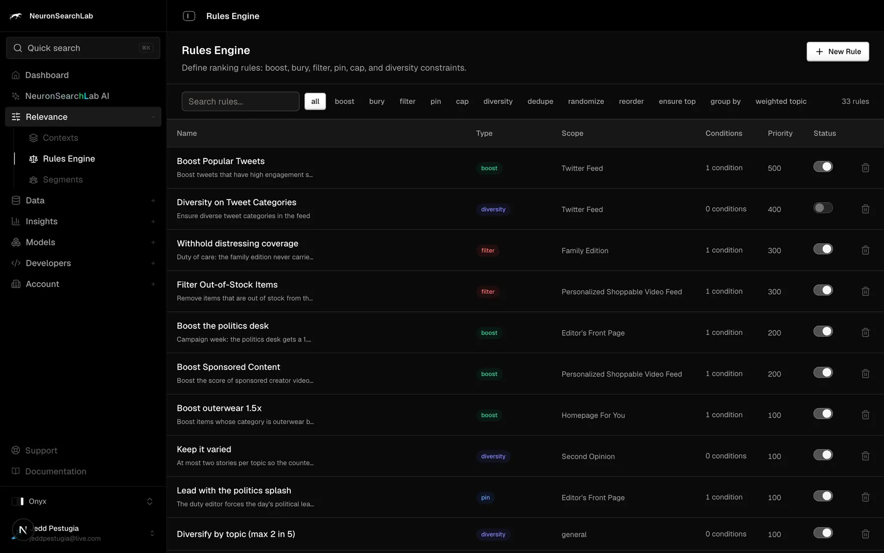 The rules engine listing the boost, bury, filter, pin, cap and diversity rules in force, each with its scope, priority and switch.